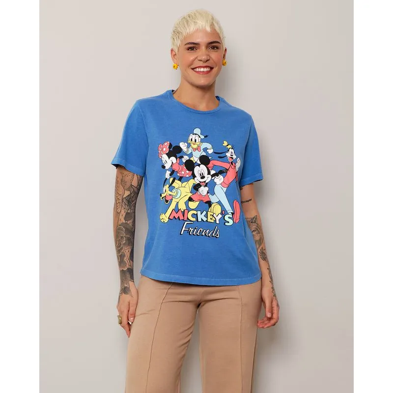 Camiseta Feminina Estonada Disney Mickey Friends Azul M