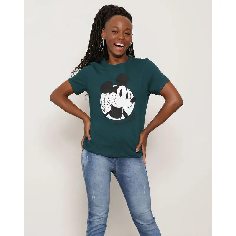 Camiseta Feminina Algodão Disney Mickey Manga Curta Verde P