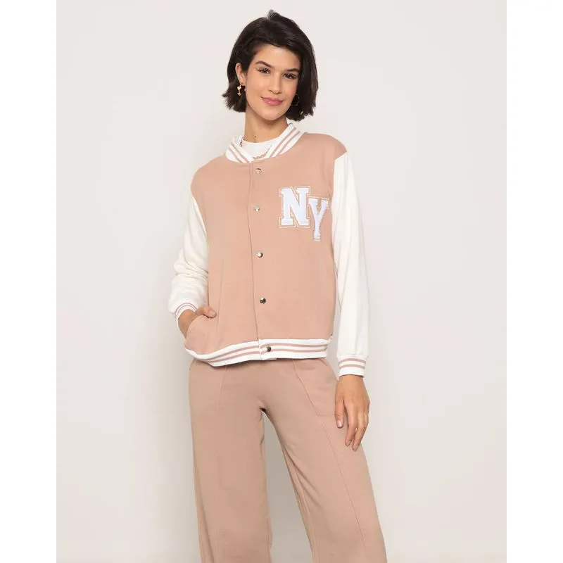 Jaqueta Moletom Feminina Bomber College Bege G