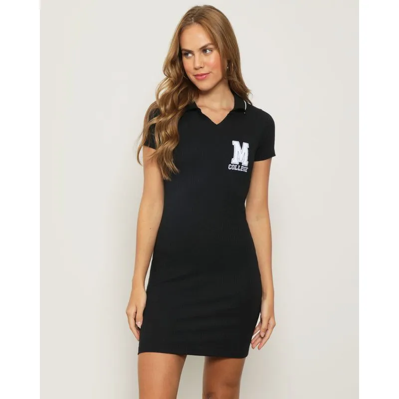 Vestido Feminino Curto Gola Polo Canelado Preto M