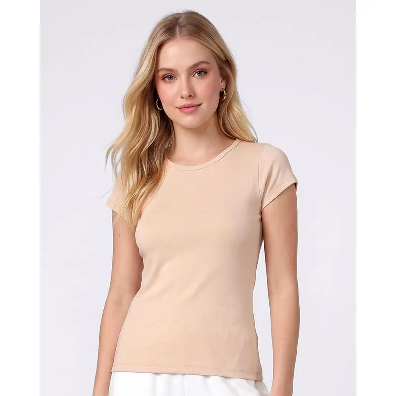 Blusa Feminina Manga Curta Básica Bege M