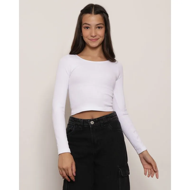 Blusa Cropped Juvenil Canelada Manga Longa Branca 12