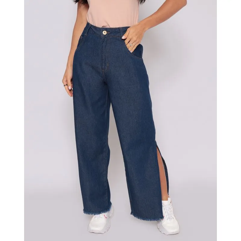 Calça Jeans Wide Leg Feminina Com Fenda Azul 46