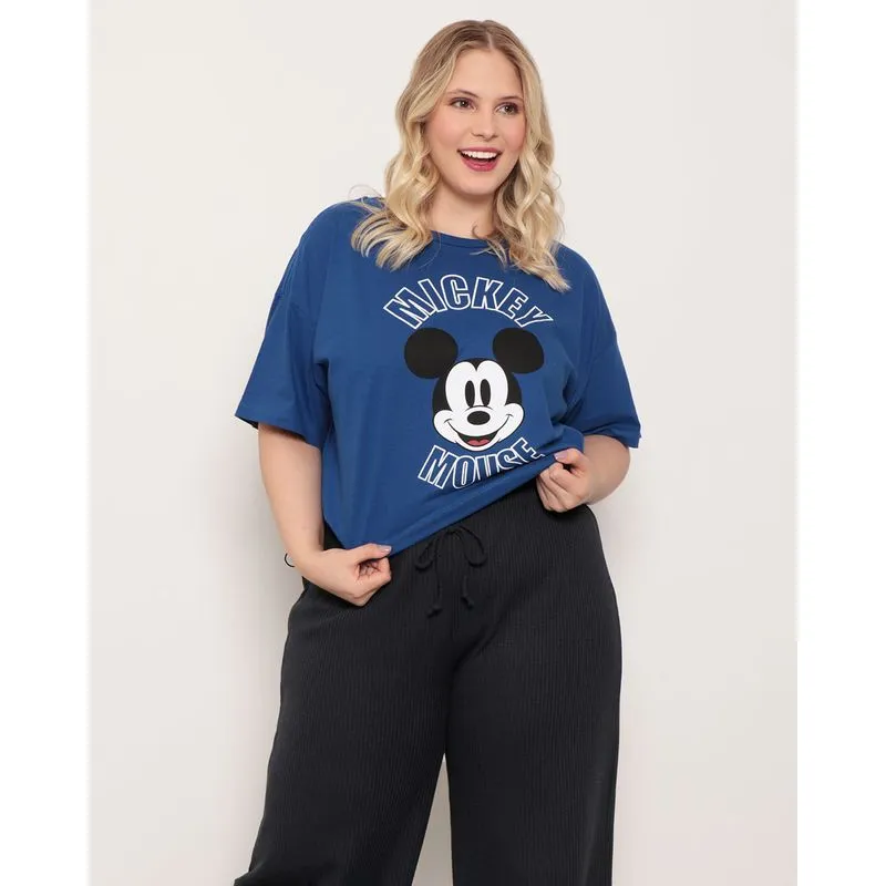 Blusa Feminina Plus Size Estampa Mickey Mouse Disney Azul G2