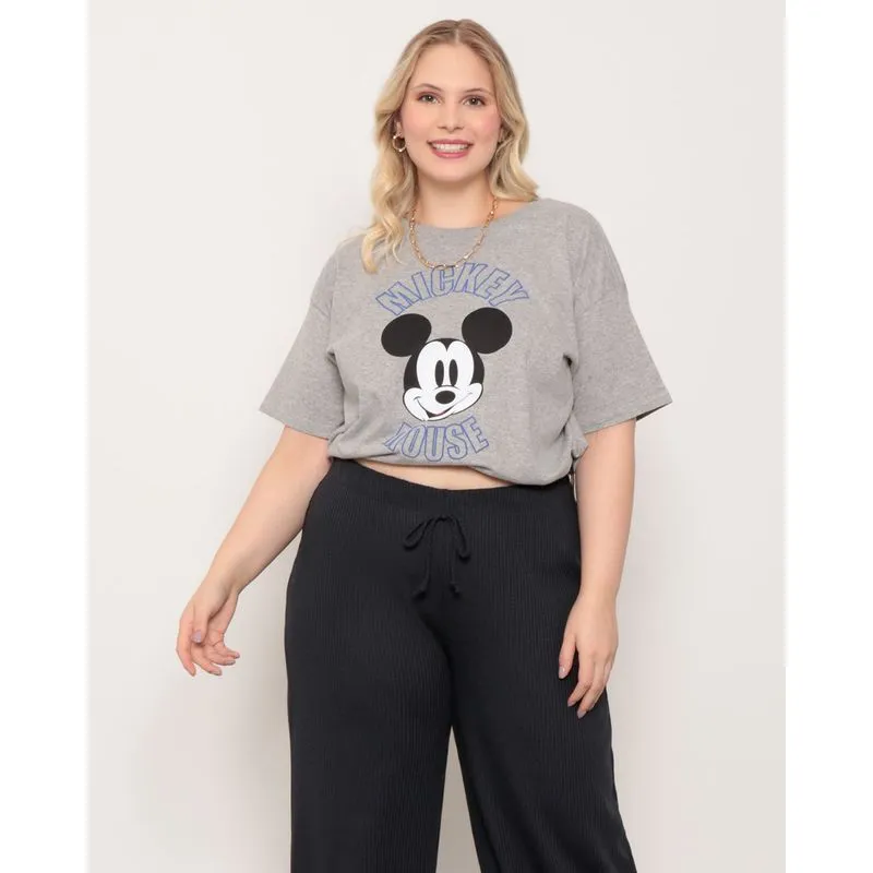 Blusa Feminina Plus Size Estampa Mickey Mouse Disney Cinza G2