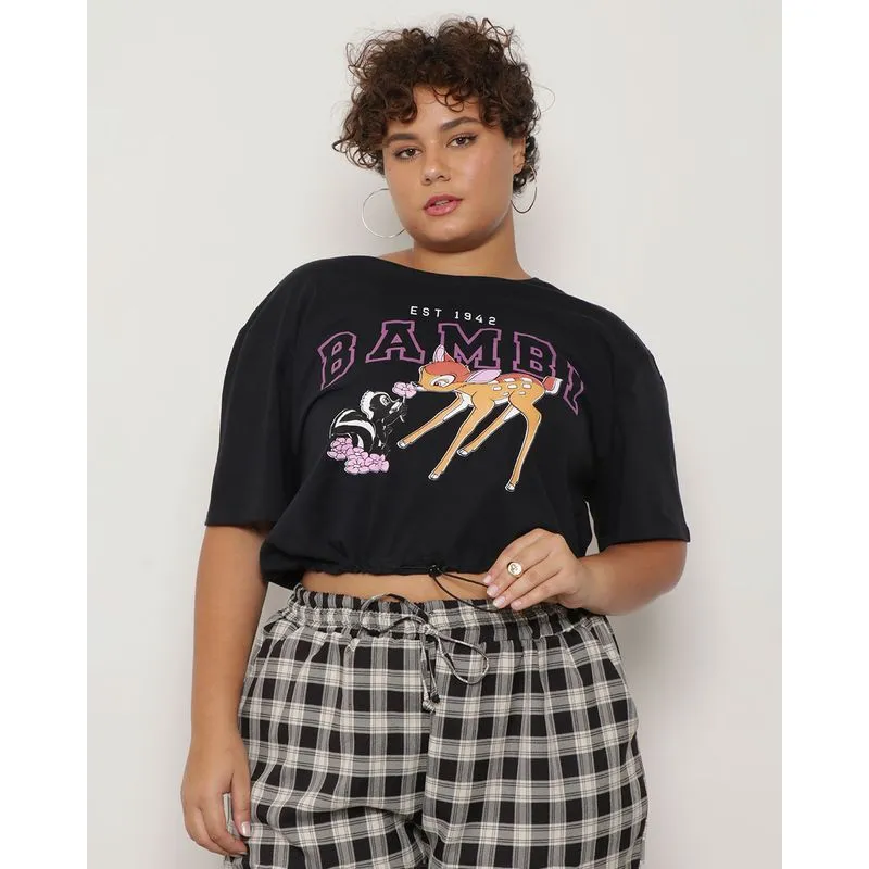 Camiseta Plus Size Feminina Cropped Disney Bambi Preta G1