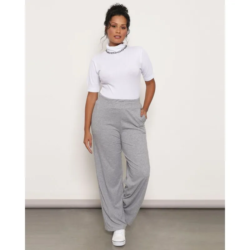 Calça Feminina Pantalona Canelada Mescla Cinza G