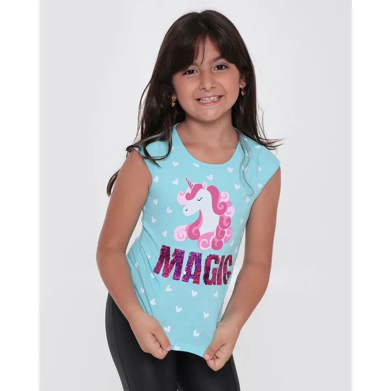Blusa Infantil Unicórnio Paetês Azul 8