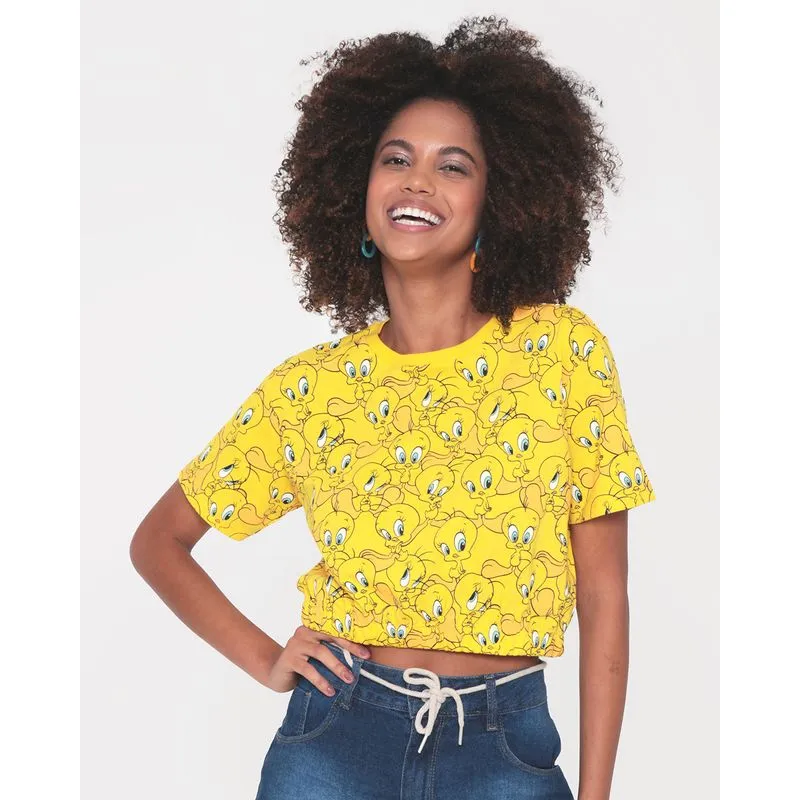 Camiseta Cropped Feminina Piu Piu Looney Tunes Amarela M