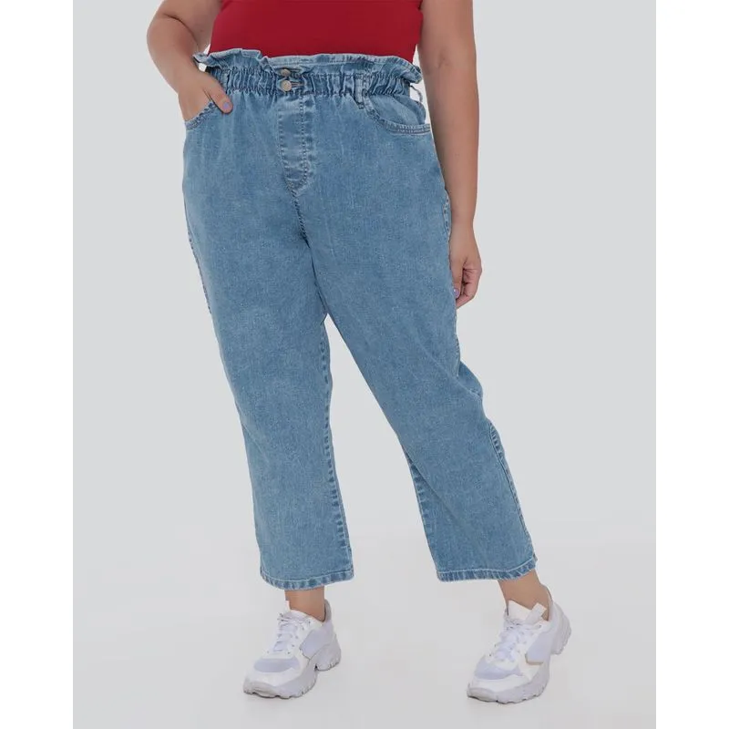 Calça Jeans Plus Size Paper Bag Clochard Azul Claro 52
