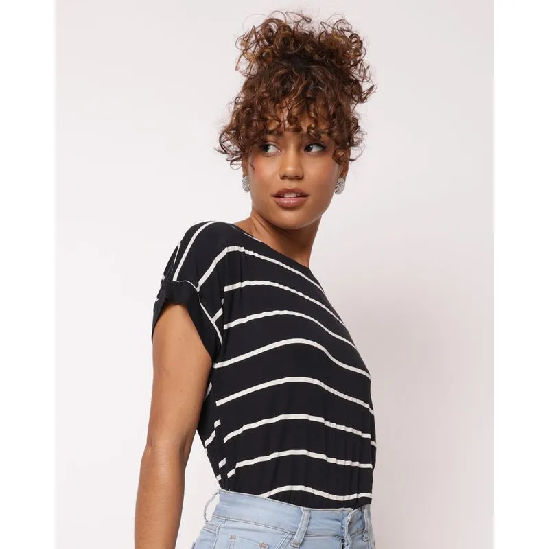 Blusa Feminina Básica Listrada Manga Curta Preta GG