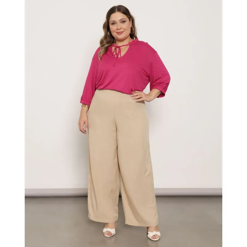Calça Plus Size Feminina Viscose Pantalona Lisa Bege G1