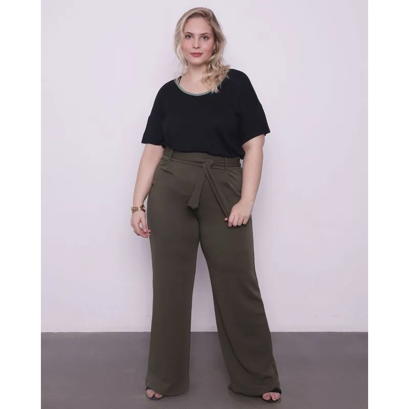 Calça Plus Size Feminina Pantalona Crepe Verde G2