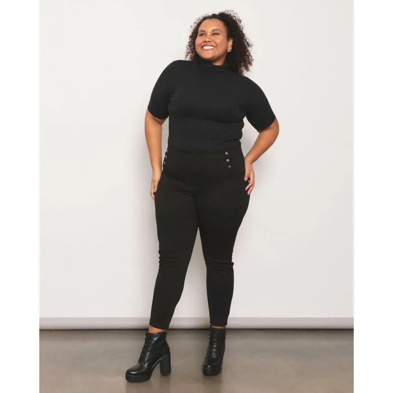 Calça Legging Plus Size Feminina Com Botões Preta G1