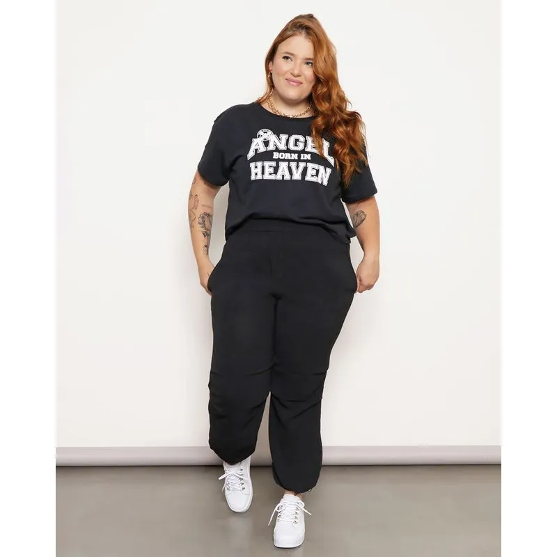 Calça Plus Size Feminina Jogger Barra Com Elástico Preta G2