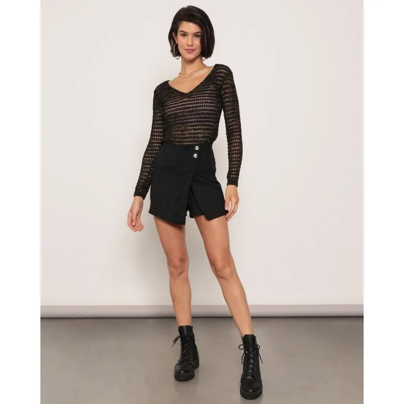 Short Saia Feminino Botões Preta M