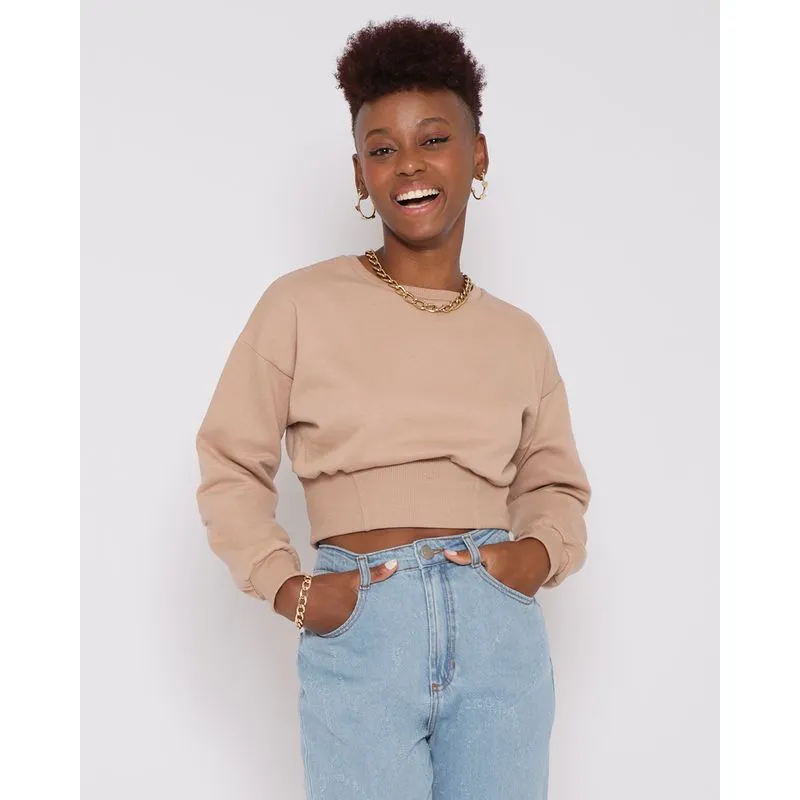 Blusa Cropped Feminina Moletom Manga Longa Bege Escuro G