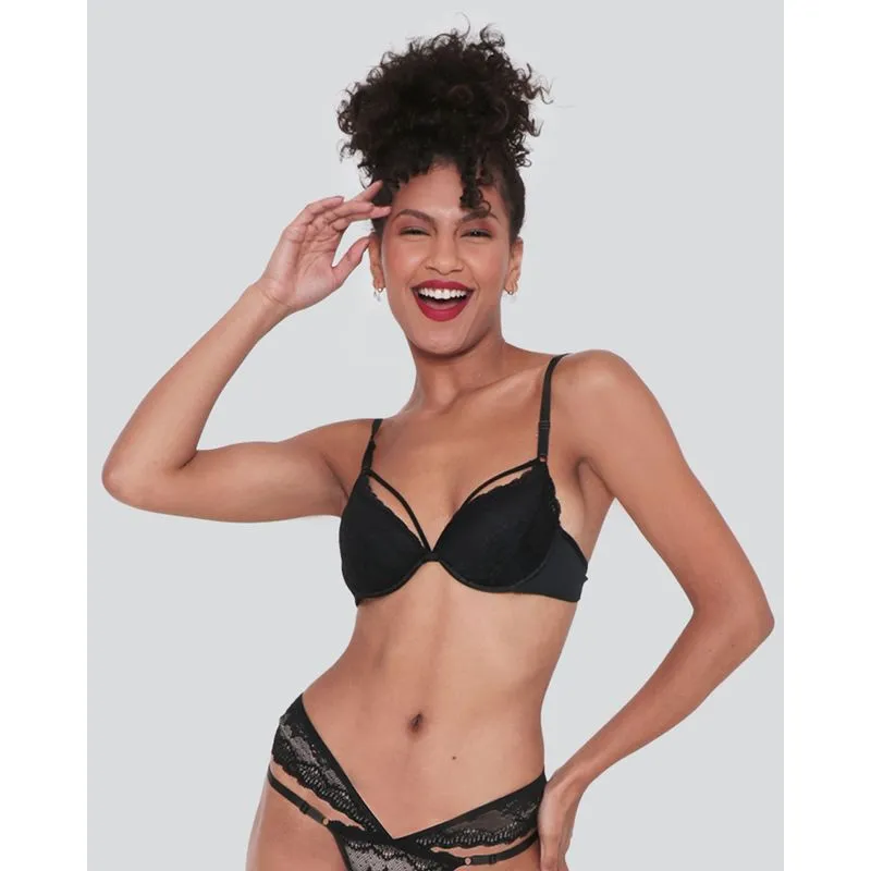 Sutiã Push Up Strappy Renda Com Bojo Preto 42