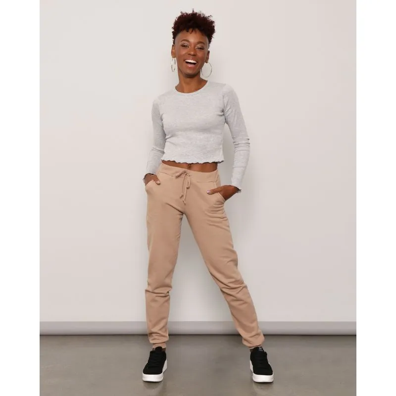 Calça Moletom Feminina Com Bolso Jogger Bege P