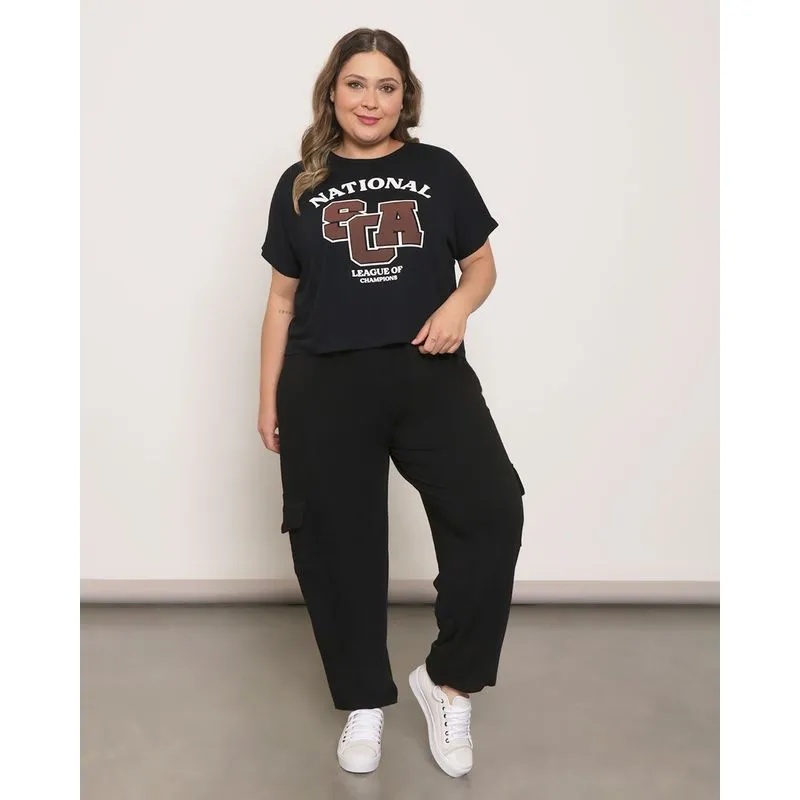 Calça Moletinho Feminino Plus Size Jogger Bolso Cargo Preta G3