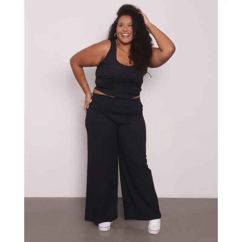 Calça Feminina Plus Size Pantalona Cut Out Preta G1