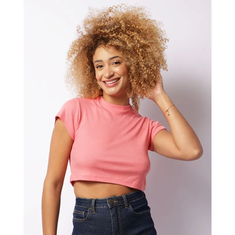 Blusa Feminina Cropped Canelada Manga Curta Rosa P