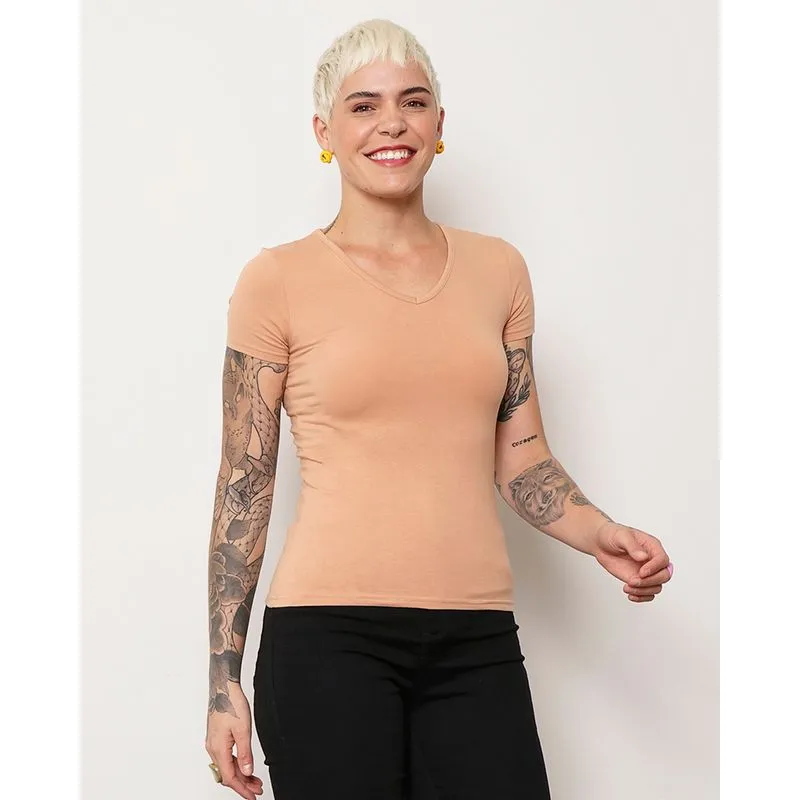 Blusa Feminina Manga Curta Básica Bege G