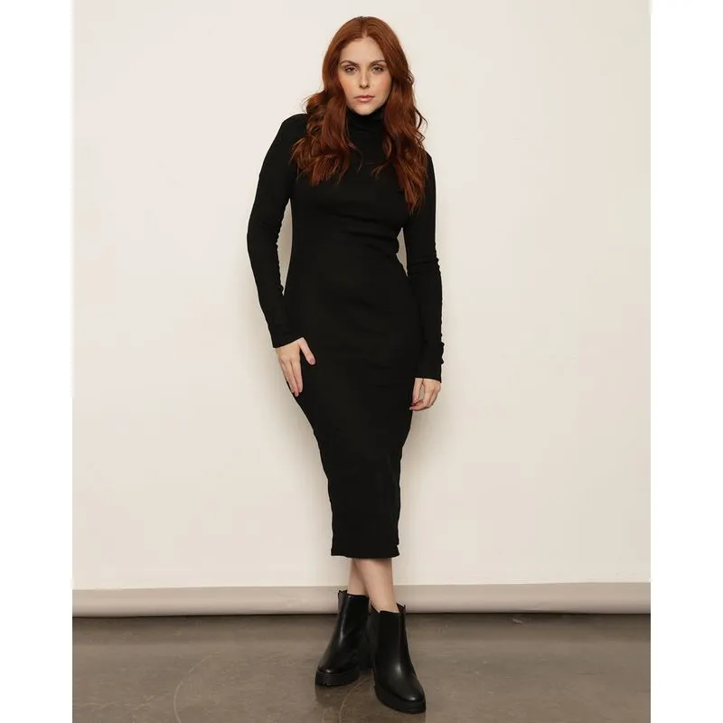 Vestido Feminino Midi Canelado Manga Longa Gola Alta Preto M