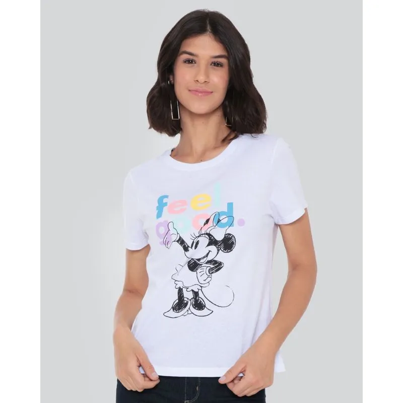Camiseta Feminina Algodão Disney Minnie Manga Curta Branca GG