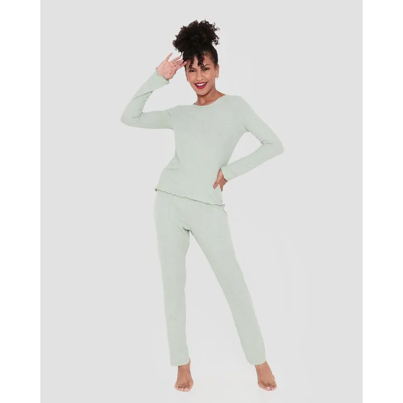 Pijama Feminino Longo Canelado Verde Claro G