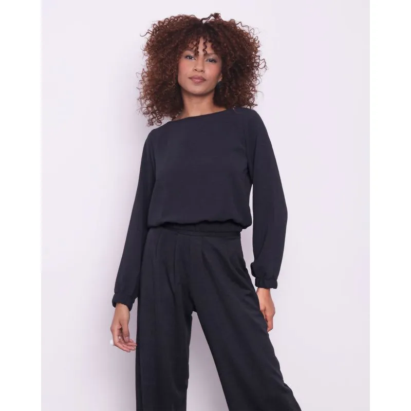 Blusa Feminina Manga Longa Com Elástico Preta M