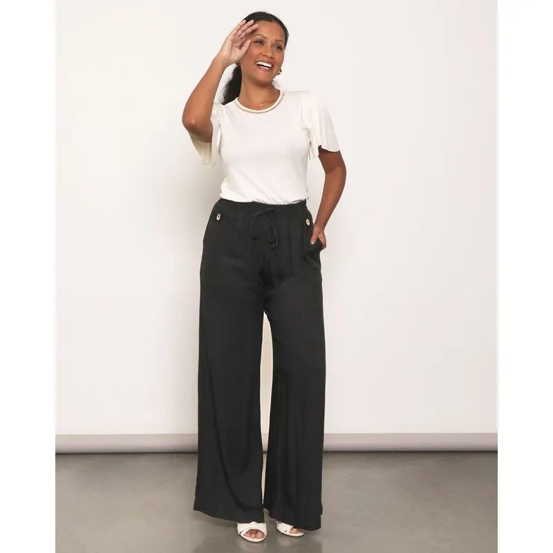 Calça Feminina Pantalona Com Bolso e Botões Preta M