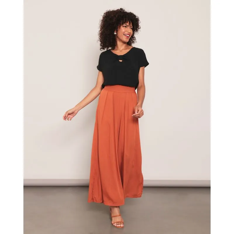 Calça Pantalona Feminina Viscose Com Fenda Marrom G