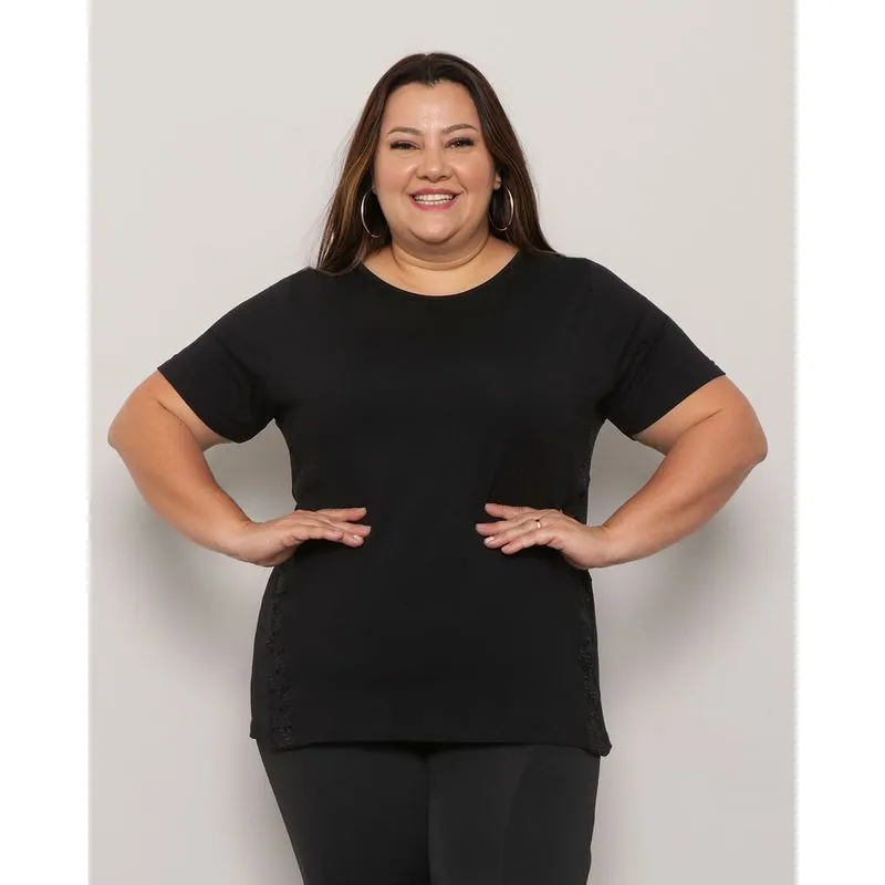 Blusa Plus Size Feminina Recorte Renda Preta G3
