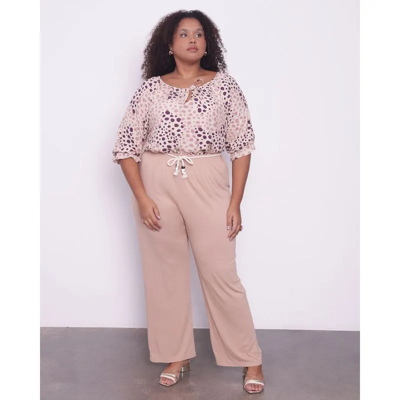 Calça Feminina Plus Size Pantalona Com Cordão Bege G1