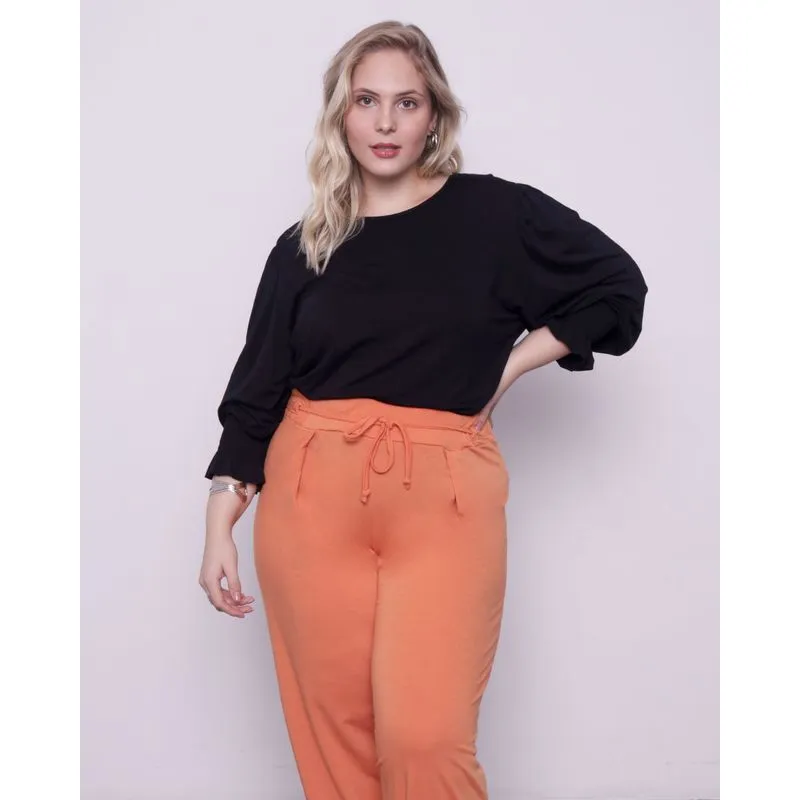 Blusa Plus Size Feminina Manga Longa Com Lastex Preta G1