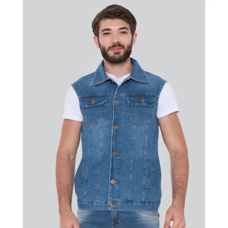 Colete Jeans Masculino Bolsos Azul Médio P