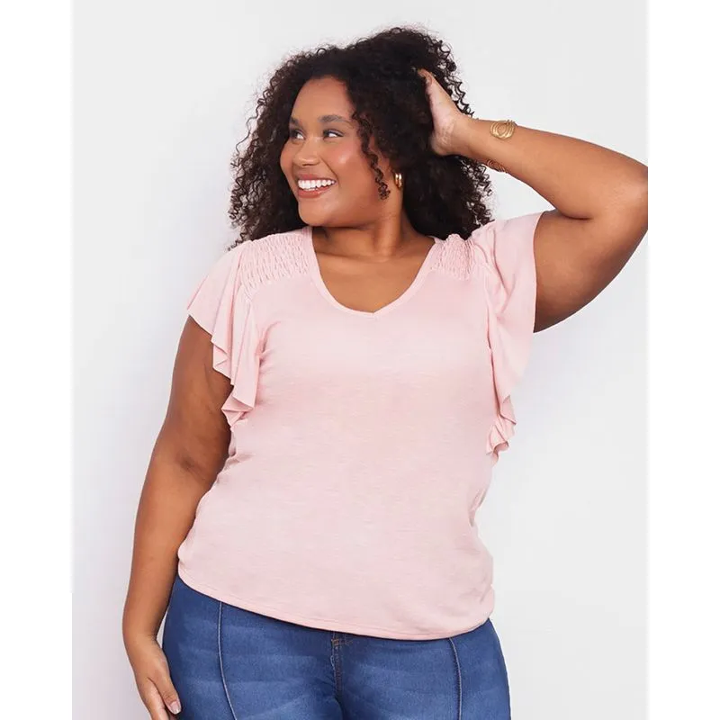 Blusa Plus Size Feminina Manga Curta Com Babado Rosa G3