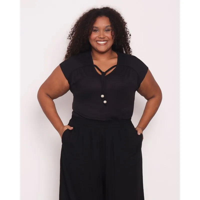 Blusa Plus Size Feminina Manga Curta Com Amarração Preta G1