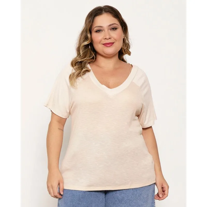 Blusa Feminina Plus SIze Decote V Manga Curta Canelada Bege G3