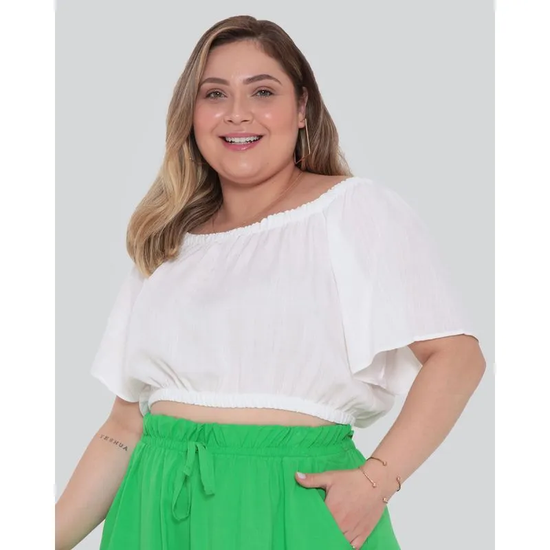 Blusa Feminina Plus Size Cropped Ciganinha Branca G3