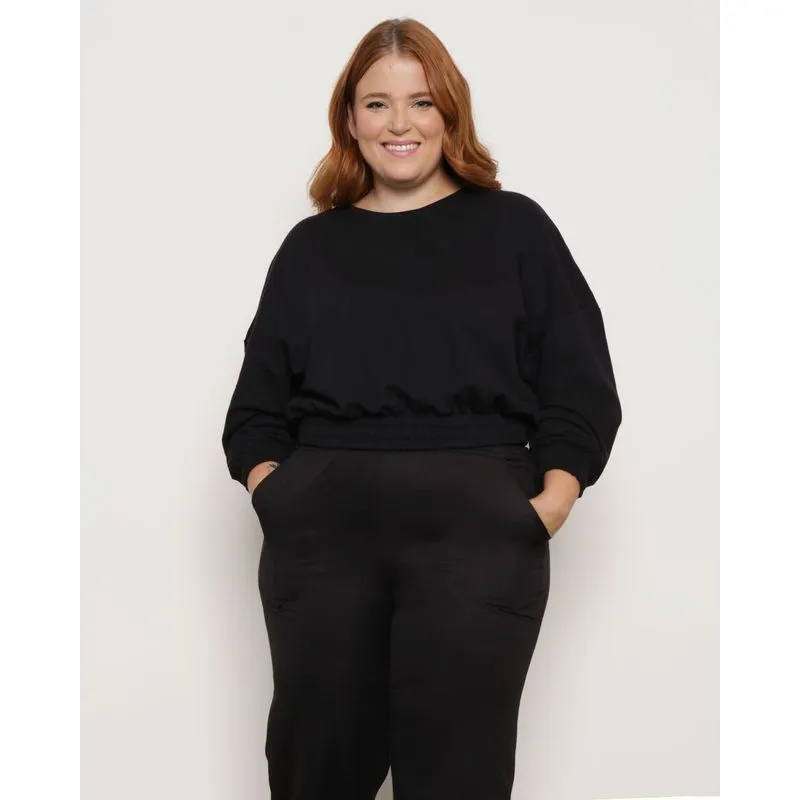 Blusa Plus Size Feminina Cropped Moletinho Manga Longa Preta G2
