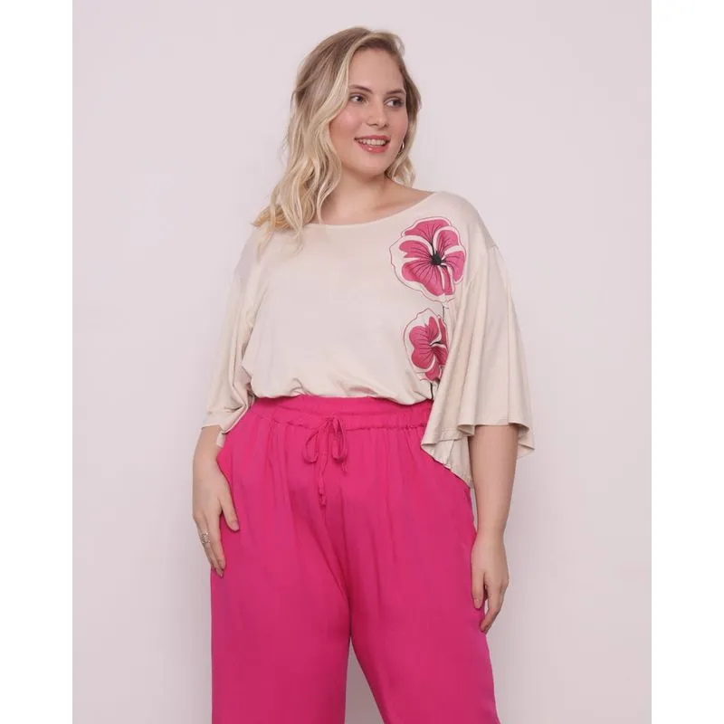 Blusa Feminina Plus Size com Estampa Flor Bege G1