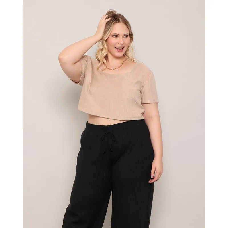 Blusa Plus Size Feminina Cropped Plush Canelado Bege G2