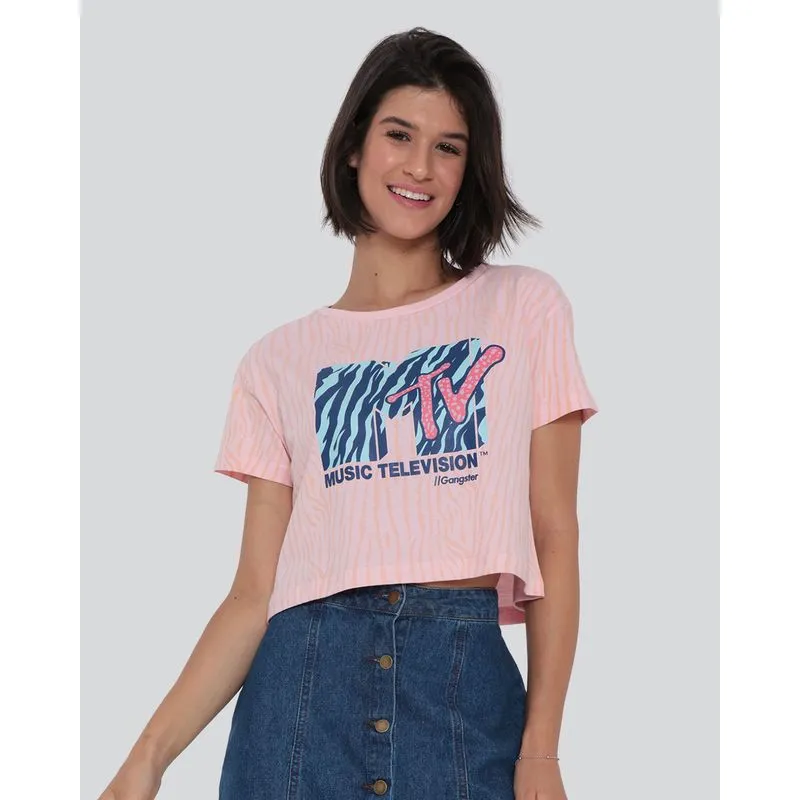 Blusa Feminina Cropped Estampa Animal Print MTV Ganster Rosa G