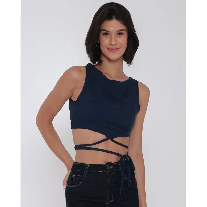 Regata Feminina Viscose Cropped Tiras Azul Marinho G