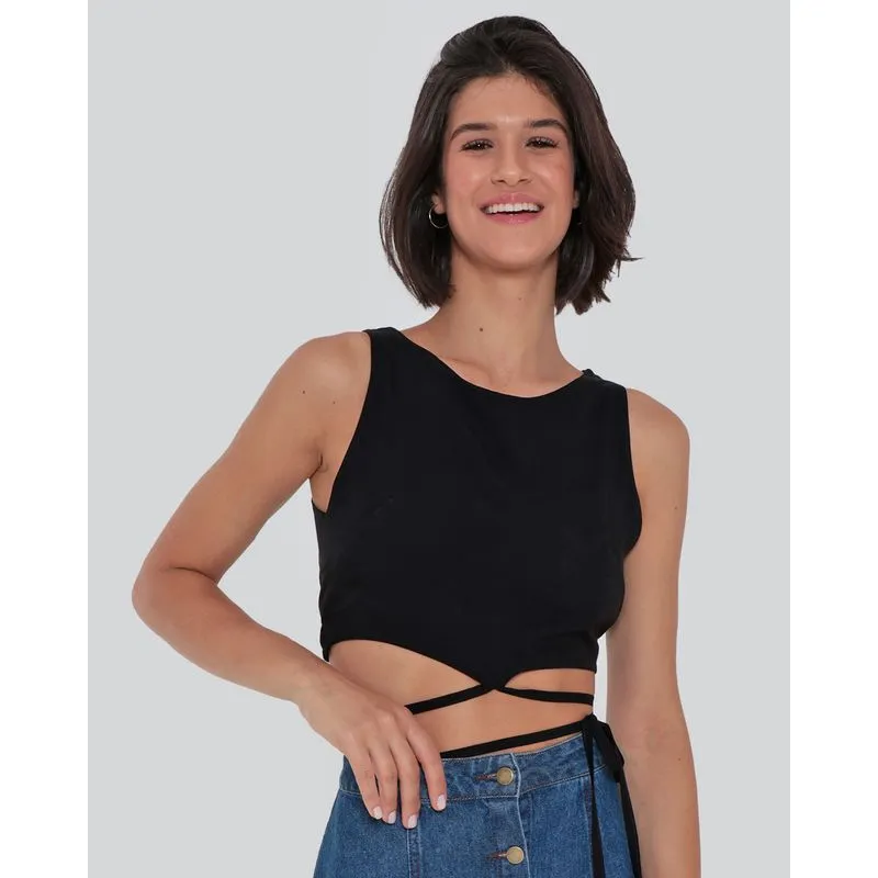 Regata Feminina Viscose Cropped Tiras Preta G