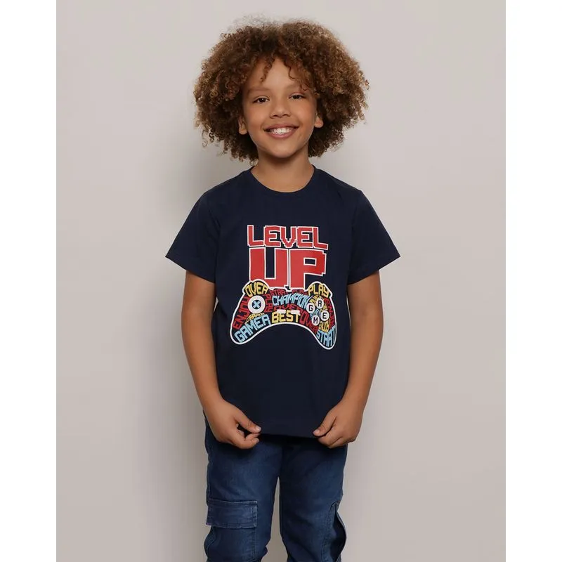Camiseta Infantil Estampa Game Manga Curta Marinho 8