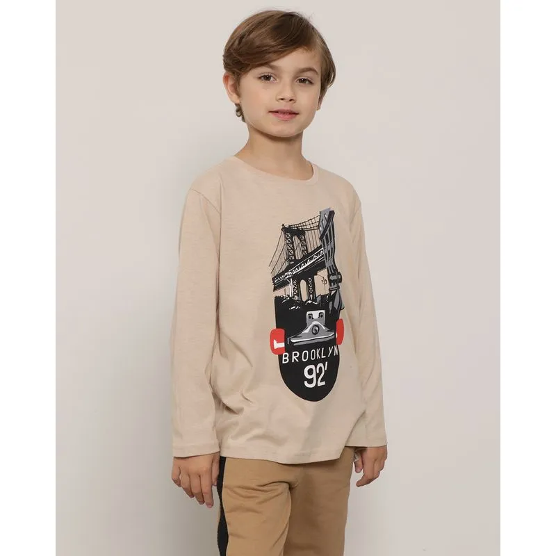 Camiseta Infantil Manga Longa Com Estampa Marrom 4
