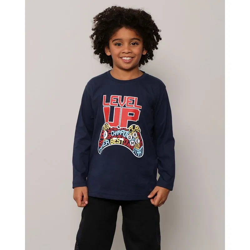 Camiseta Infantil Manga Longa Estampa Level Up Marinho 8